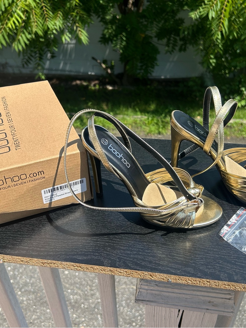 Boohoo Metallic Gold Strappy Knot High Heels